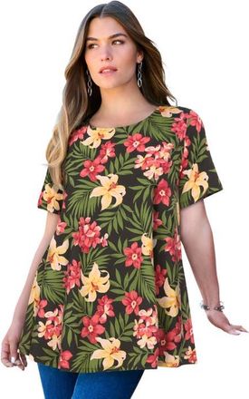 Roaman's Plus Size Ultimate Cotton Crewneck Short Sleeve Swing Tee in Black Tropical Floral at Nordstrom, Size Medium