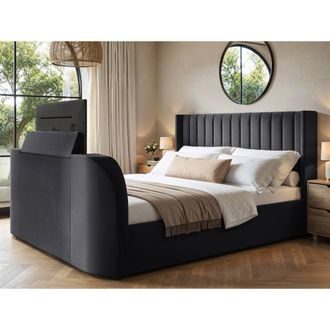 Flair Fallon TV Side Lift Ottoman Bed Charcoal Velvet in Grey | Size: Super King