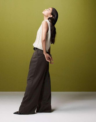 Asos super wide leg belted tailored pants in olive-Green