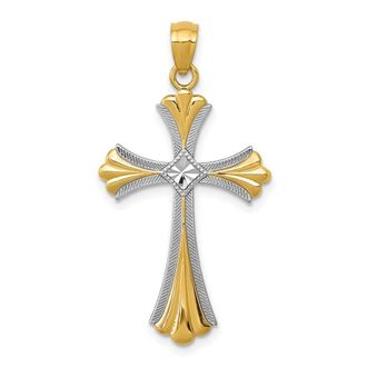 Diamond2Deal 14k Yellow Gold Diamond-Cut Rhodium Budded Cross Pendant
