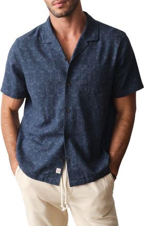 Marine Layer Block Print Stretch Selvage Resort Shirt in Navy Block Print at Nordstrom, Size Xx-Large