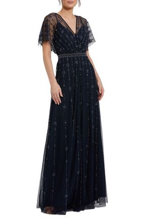 Mac Duggal V Neck Embellished Flutter Sleeve A Line Gown in Midnight at Nordstrom, Size 18