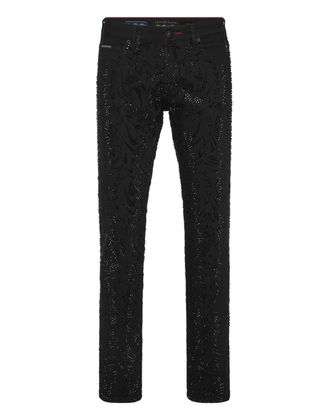 Philipp Plein Denim Trousers Super Straight Cut Tribal Strass