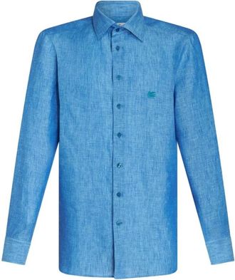 Etro Linnen Overhemd met Pegasus Logo - Heren - Casual Overhemden - Blauw - M - Linnen - Overhemden
