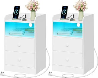 Woltu 2x Bedside Table,3-tier Nightstand,LED Bedside Cabinet,Side Cabinet for Bedroom Living Room, White