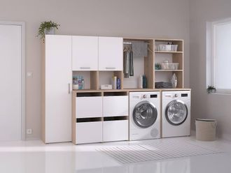 Vente-Unique Furniture for 2 Washing Machines With Shelves, Wardrobe, Cupboard, and in Light Oak