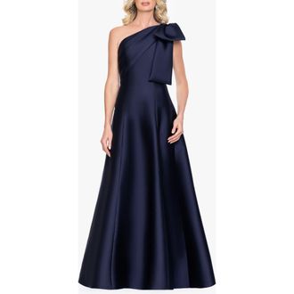 Betsy & Adam Bow Detail One-Shoulder Mikado Fit & Flare Gown in Navy at Nordstrom, Size 14