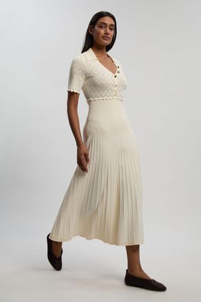 Karen Millen Womens Knit Stitch Detail Rib Collared Short Sleeve Midi Dress - Cream polyamide - Size X-Small