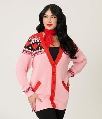 Unique Vintage Printed Knit Long Cardigan in Pink Fair Isle Print at Nordstrom, Size X-Small