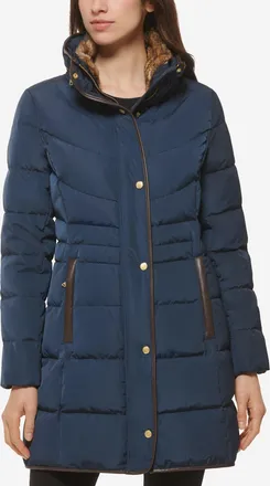 Cole Haan Womens Hidden Hood Puffer Coat - Blue Size Medium