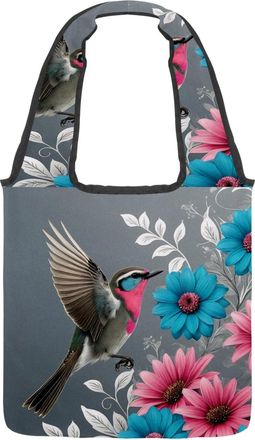 Generic Hummingbird Flowers Reversible Canvas Shoulder Tote - Double-Sided Print, 12oz Cotton, 27cm Drop, Fold-Flat Bag for Travel, Shopping, Street Outings