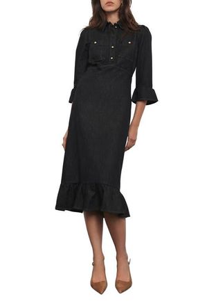 Mint Velvet Denim Belted Midi Shirt Dress in Black at Nordstrom, Size 2