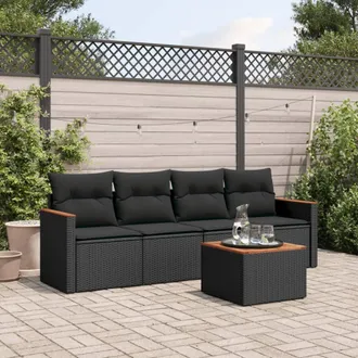 vidaXL Set De Muebles De Jard&iacute;n 5 Pzas Y Cojines Rat&aacute;n Sint&eacute;tico Negro Vidaxl