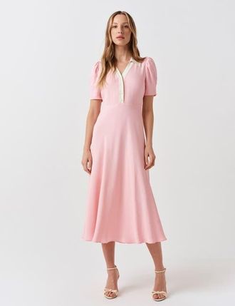 Ghost London Elodie Contrast Collar Midi Dress in Pink at Nordstrom, Size 12