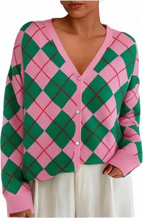 Generic Cardigans for Women UK Long Sleeve Open Front Knit Sweaters Vintage Checkered Pattern Plaid Cardigan Casual Daily Outwear for Autumn Winter Pink