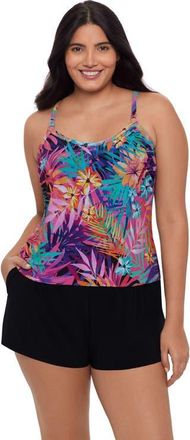 Trimshaper Farrah Scoopneck Swim Romper with Pockets in Caribbean Palms at Nordstrom, Size 12