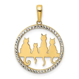 Diamond2Deal 14k Yellow Gold White Rhodium Diamond-cut Cats Sitting on Bench Pendant