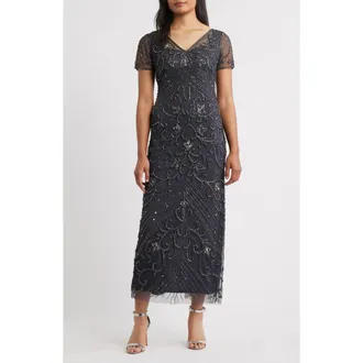 Pisarro Nights Beaded Mesh Column Gown in Griffin at Nordstrom Rack, Size 6