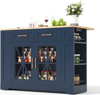 STILVORA Carro De Cocina Con 2 Puertas De Cristal, 1 Caj&oacute;n, 6 Estantes Abiertos, Mesa Abatible Y Tomas Usb Con Ruedas, En Mdf, 120 X 40 X 92 Cm, Azul Y Natural