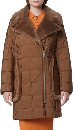 Andrew Marc Astor Quilted Faux Shearling Trim Coat in Sepia at Nordstrom, Size X-Small