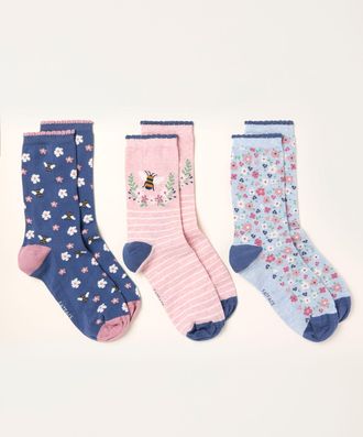 Fat Face FatFace Blue Three Pack Mum Floral Socks in Box