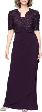 Alex Evenings Sequin Soutache Bodice Empire Waist Chiffon Gown with Bolero Jacket in Deep Plum at Nordstrom, Size 14