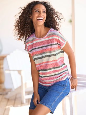 Heine Kurzarmshirt HEINE Shirt, Damen, Gr. 48, rosa (ros&eacute;, ecru, geringelt), 65% Polyester, 35% Viskose, gemustert, gestreift, mehrfarbig, Rundhals, Shirts 