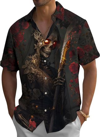 Generic Halloween Button Down Shirt Men | Rose Horror Shirts Button Down Short Sleeve - Casual Small Vintage Beautiful Bride Skeleton