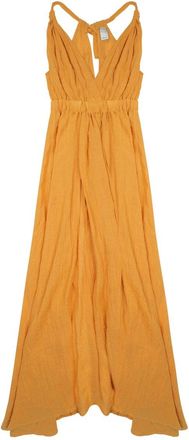 120% Lino Sleeveless Midi Dress with Gathered Waist and V-Neckline