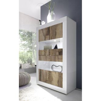 Dmora Vitrina Suzzara, Mueble Expositor 2 Puertas, Estructura Marr&oacute;n, Estantes Blancos, 101.4x42x161.2h Cm Blanco Brillante