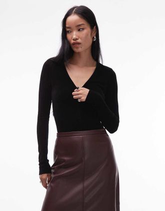 Arket Body nero in puro velluto con maniche lunghe e scollo a V profondo