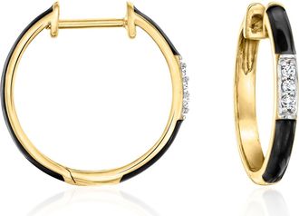 Ross-Simons Black Enamel and Diamond Hoop Earrings in 18kt Gold Over Sterling