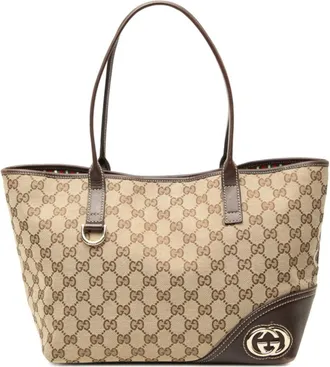 Gucci Beige Brown Canvas Leather Handbag Tote Bag (Pre-Owned)