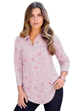 Roaman's Plus Size Kate Long Sleeve Easy Cotton-Blend Button-Front Shirt in Lavender Pretty Floral at Nordstrom, Size 40