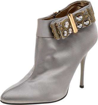 Roberto Cavalli Grey Satin Bow Embellished Ankle Length Boots