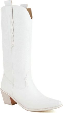 Generic Ladies Pull On Tall Western Boots - Embroidered Retro Design with Chunky Heel for Practical Daily Use,White,7.5 UK