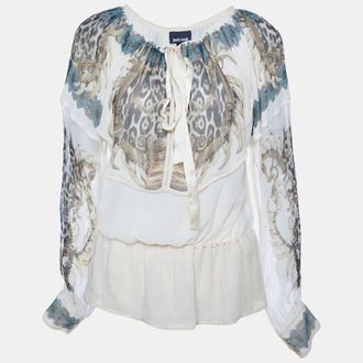 Just Cavalli Cream Printed Silk Chiffon Top