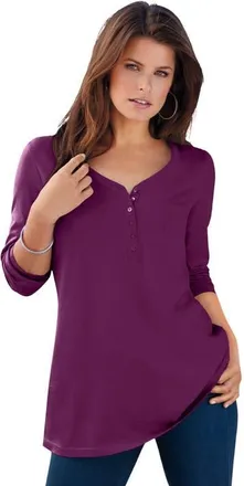 Roaman's Plus Size Long Sleeve Sweetheart Henley Tee in Dark Berry at Nordstrom, Size Medium