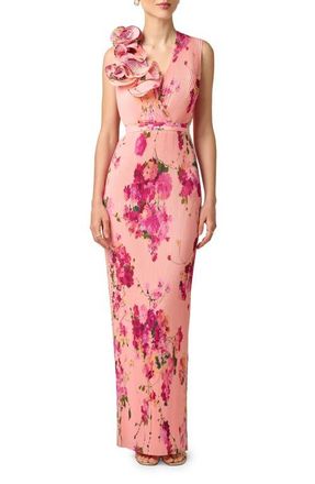 Aidan Mattox Print Pliss&eacute; Sleeveless Gown in Pink Multi at Nordstrom, Size 12