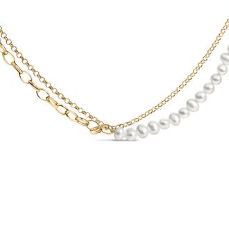 House of Brilliance 18K Yellow Gold Vermeil Cultured Pearl Strand Necklace with Rolo and Paperclip Chain