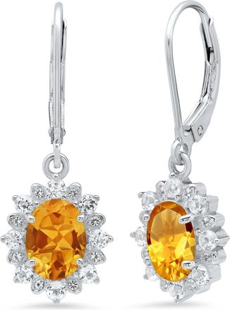 MAX + STONE Sterling Silver Halo Sunburst Oval Gemstone Leverback Earrings with White Topaz Accent