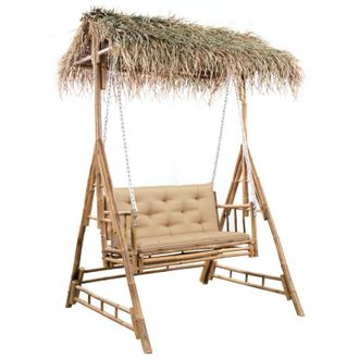 vidaXL Banco Columpio De 2 Plazas Hojas De Palma Y Coj&iacute;n Bamb&uacute; 202 Cm Vidaxl