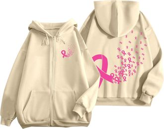 Generic 2025 Autumn Winter Breast Cancer Awareness Ribbon Unisex Hoodie 5 Sweat Short Women (Beige, XL)