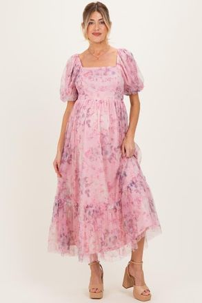 Pinkblush Floral Printed Tulle Puff Sleeve Midi Dress at Nordstrom, Size X-Large