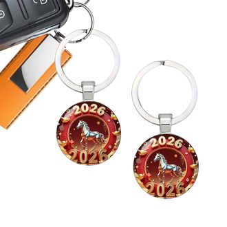Generic Chinese New Year 2026 Horse Keychain, 2 Pack Portable New Years Car Decor Keychains, 2D Year Of The Horse Pattern Round Glass Keychain For Teens Adult