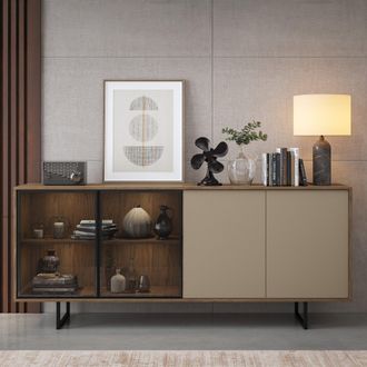 Dmora C&oacute;moda Rivarone, Aparador 3 Estantes, Apertura Abatible, 4 Puertas, 200x40x87h Cm Beige