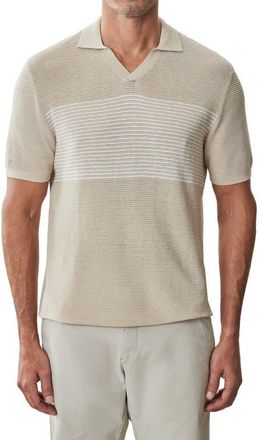 Robert Barakett Orion Stripe Silk & Linen Johnny Collar Polo in Tan at Nordstrom, Size Xx-Large
