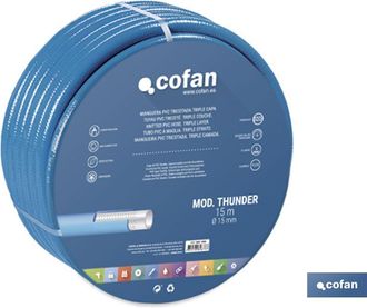 cofan Manguera Pvc Modelo Thunder 3c Tricotada &Oslash;25x50 M, Manguera De Riego Color Azul Modelo Thunder Para Jard&iacute;n. Est&aacute; Fabricada En Pvc De Muy Buena Calidad