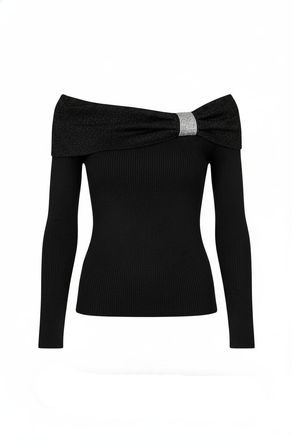 Yumi Black Sparkle Bardot Jumper with Diamante Detail (UK, Alpha, S, Regular, Regular, Black)