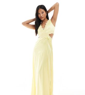 Tfnc Petite Bridesmaid satin maxi dress with scalloped lace detail in lemon-Yellow